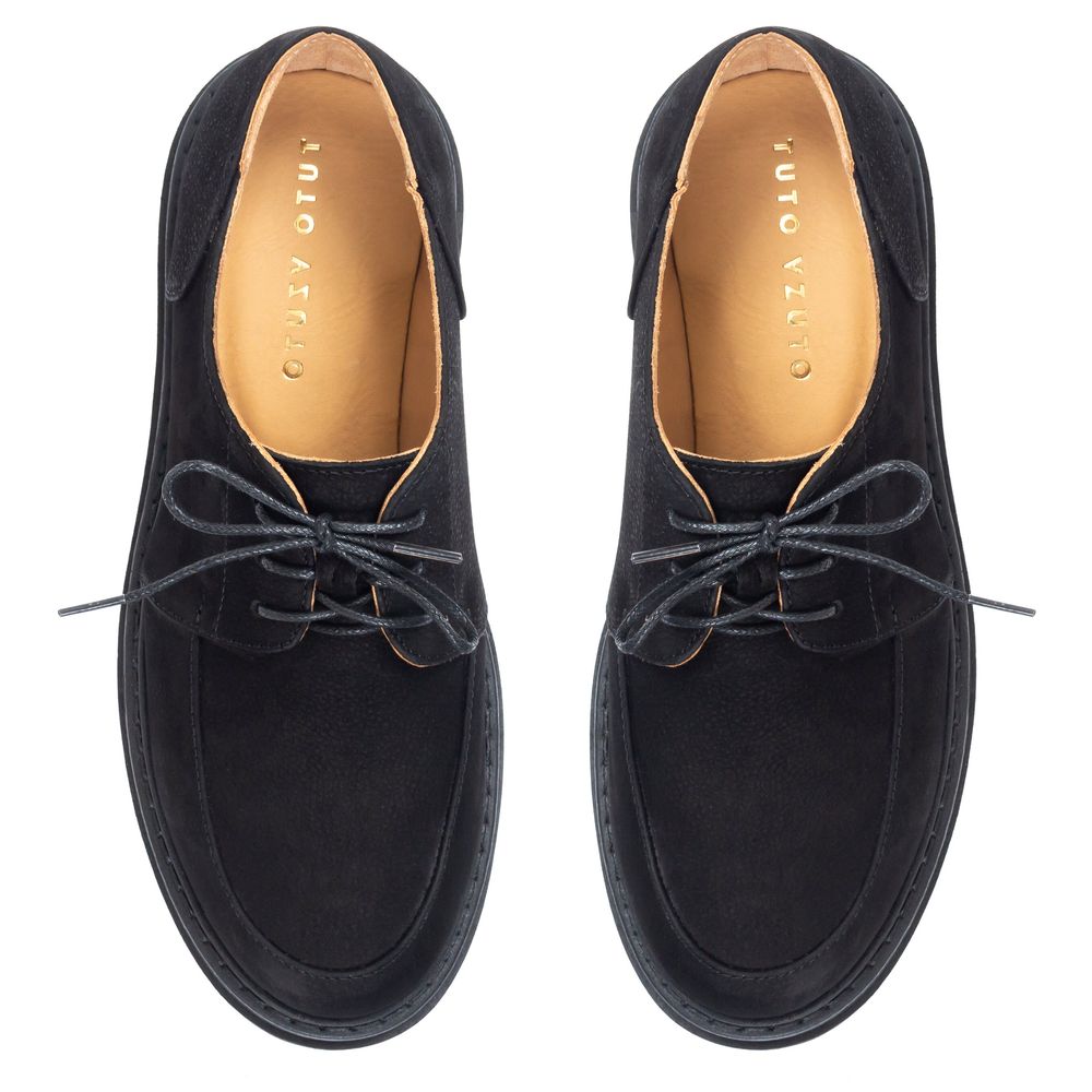 Туфли черные низкий ход на шнурках из натурального нубука с мягкой стелькой на грубой подошве