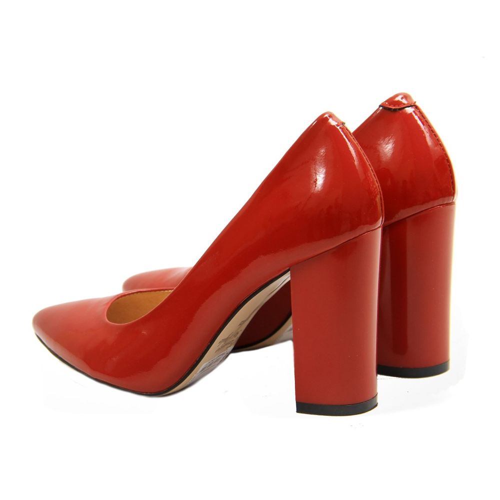 Туфлі червоні з еколаку на стійкому каблуку 9.5 см гостроносі з м'якою устілкою