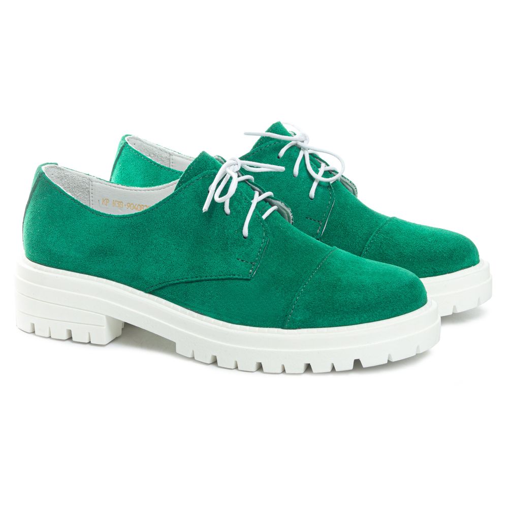 Туфлі зелені низький хід на шнурках з натуральної замші з м'якою устілкою на грубій підошві​​​​​​​