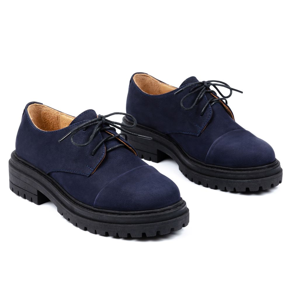 Туфлі сині низький хід на шнурках з натурального нубуку з м'якою устілкою на грубій підошві​​​​​​​