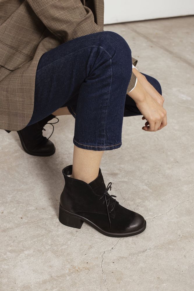 Ботинки черные из натуральной замши на каблуке 6 см на меху 6358-1-Z, 40, 26 см